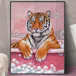 Bathroom Wall Art Fun Art Tiger Poster Prints Trendy Tiger In a Bath Print | Preppy Pink Wall Art Trendy Decor Maximalist Dopamine Decor
