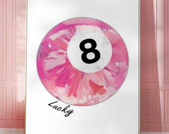 Impressão de bola de bilhar vintage Lucky 8 Ball Wall Art Retro Hand Drawn Poster Pink Pool Ball Poster Trendy 70's Digital Art Prints Printable Quote