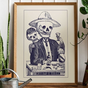 Impresión del Día de Los Muertos, cartel de pareja de esqueletos, pintura de arte popular mexicano, decoración de arte de pared imprimible