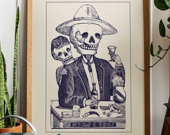 Dia de Los Muertos Print, Skeleton Couple Poster, Mexican Folk Art Painting, Printable Wall Art Decor