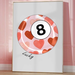 Vintage biljartbal poster geluk 8-bal muurkunst retro handgetekende poster roze hart biljartbal poster trendy digitale kunst wordt afgedrukt Afdrukbare liefde