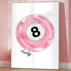 Lucky 8 Ball Print roze retro discobal muur kunst funky esthetiek trendy appartement retro handgetekende muur kunst instant digitale download poster