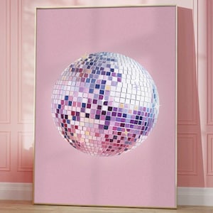 Printable Wall Art Silver Disco Ball Maximalist Painting Bright Pastel Pink Girly Poster Trendy Funky Dopamine Decor Mirrorball Preppy Print
