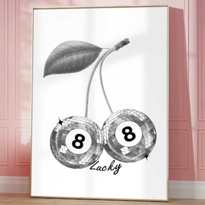 Retro Lucky 8 Ball Disco Art Print Poster Funky Decor Cherry Fruit Y2K Poster Trendy Estetica College Apartment Decor Bar Cart Stampe anni '70