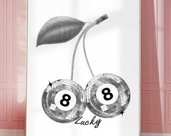 Retro Lucky 8 Ball Disco Art Print Poster Funky Decor Cherry Fruit Y2K Poster Trendy Aesthetic College Apartment Decor Bar Cart 70s Prints