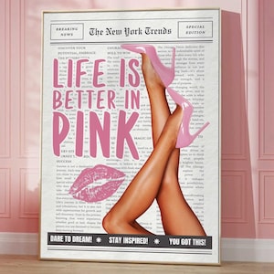 Retro Vintage Baby Pink Newspaper Wall Art Print Poster Aesthetic Decor Bedroom Apartment Trendy Headline Fashion Prints Digital Download