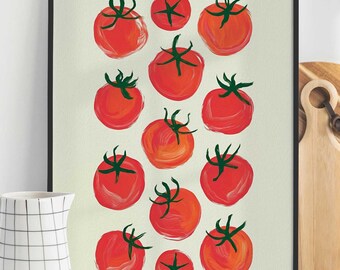 Może przedstawiać: Cyfrowy wydruk przedstawiający minimalistyczną ilustrację czerwonych pomidorów na kremowym tle. Pomidory są ułożone w pionowym wzorze, niektóre nakładają się na siebie. Wydruk jest oprawiony w czarną ramę.