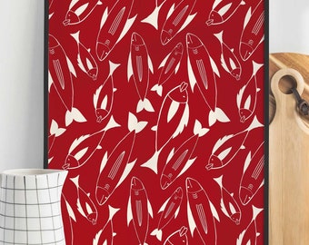 Eclectic Sardine Print, Kitchen Wall Art, Sardines Tin Print, Red and White Art, Dining Room Decor, Retro Food Art, Retro Dopamine Kitchen