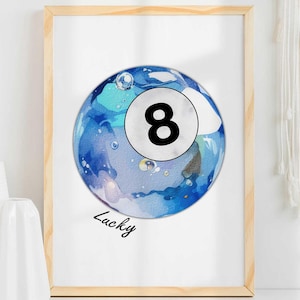 Vintage Pool 8 Ball Print Lucky Navy Blue Trendy Wall Art Retro Ręcznie Rysowany Plakat Cytat Print Funky Sports Printable Digital Download Decor
