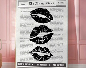 Arte de pared de moda, impresiones artísticas de periódicos, póster en blanco y negro, estética Y2K, decoración de habitación motivacional, póster retro vintage, labios de beso, decoración de dormitorio