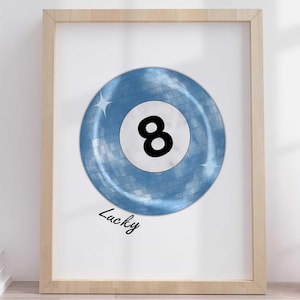 Lucky 8-ball print blauwe retro discobal muur kunst funky esthetische trendy appartement retro handgetekende muur kunst instant digitale download poster