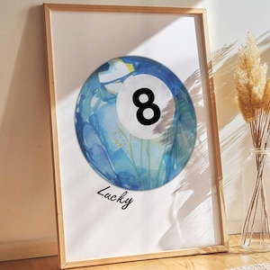 Lucky 8 Ball Wand Kunst Vintage Pool Ball Druck Himmelblau Pool Ball Poster Retro Hand gezeichnet Schlafzimmer Poster Trendige druckbare Digitaldrucke