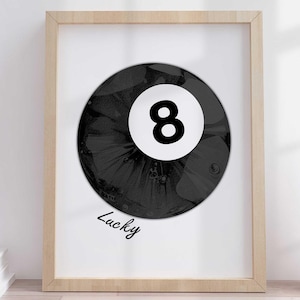 8 poolbal retro print trendy handgetekende muurkunst afdrukbare zwart-wit esthetiek digitale download funky barwagen decor Lucky Girl