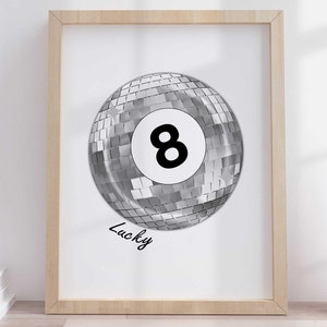 Lucky 8 ball print retro discobal muur kunst funky esthetische print voor appartement retro handgetekende muur kunst instant digitale download poster