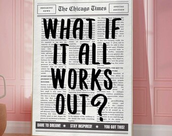 Wat als het allemaal lukt Retro krantenafdruk, trendy muurkunst, typografieposter, esthetiek appartement, afdrukbare muurkunst, digitale prints