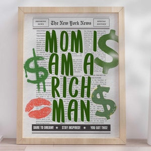 Mamo, jestem bogatym człowiekiem Wydrukuj, Sztuka ścienna w gazecie, Wiadomości z Nowego Jorku | Dziewczęcy plakat Affirmations Bar Cart Retro Art Zielone pieniądze Natychmiastowe pobranie
