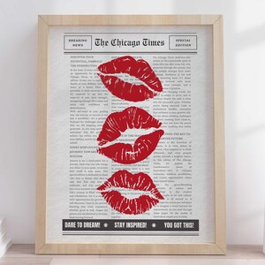Trendy Wall Art Newspaper Art Prints Red Wall Art Aesthetic Room Decor Vintage Retro Poster Girly Wall Art Kiss Lips Wall Art Dorm Printable