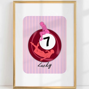 Vintage biljartbal print retro handgetekende kunst aan de muur afdrukbare digitale download downloadbare print Lucky trendy rood roze lichaamspositiviteit poster