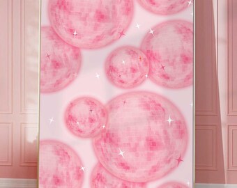 Póster de bola de espejo, arte de pared de color rosa intenso y moderno, arte imprimible, decoración de bola de discoteca, impresión de discoteca, material suave y elegante, decoración ecléctica con dopamina Y2K