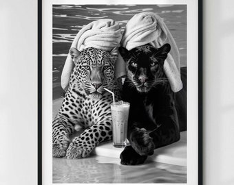 Cheetah Leopard Jaguar Panther Drinking Cocktail Print Black and White Wall Art Vintage Photography Fashion Bar Cart Decor Digital Download