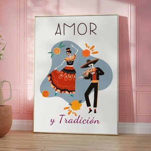 Dia de Los Muertos Print Mexican Flower Poster, Skeleton Couple Poster, Mexican Folk, Floral Wall Art, Printable Decor Digital Download
