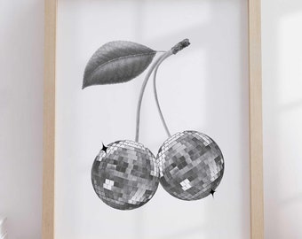 Retro Disco Art Print Out Poster Funky Disco Decor, Cherry Fruit Print Y2K Poster Aesthetic College Apartment Decor Bar Cart 70s Art Prints