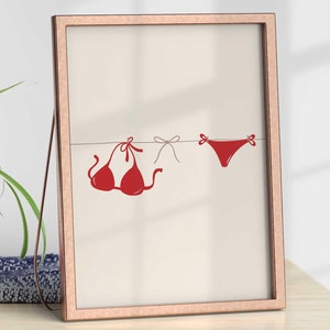 Bikini On Clothesline Print, College Apartment Decor, Coastal Beachy Dorm Room Posters, Trendy Beach House Wall Art, Girly Preppy Aesthetic