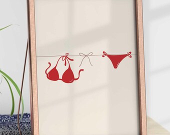 Bikini On Clothesline Print, College Apartment Decor, Coastal Beachy Dorm Room Posters, Trendy Beach House Wall Art, Girly Preppy Aesthetic