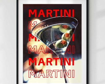 May include: A digital download of a printable poster featuring a martini glass with olives and the word "MARTINI" repeated in red text.