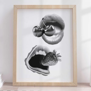 Póster de estilo años 70 en blanco y negro para decoración de habitaciones, arte de pared neutro grande, dormitorio, apartamento, labios retro, cerezas, fresas extravagantes y funky