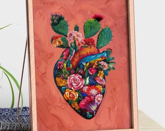 Mexico Wall Art Mexican Art, Blooming Heart wall art, Corazon Mexicano Art, Eclectic Maximalist Mexico Oil Painting Digital Download 1 Print