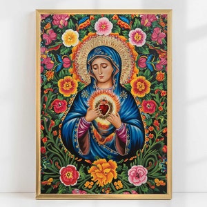Immaculate Heart of the Virgin Mary Mother Mary Painting Catholic Wall Art Print Lady of Grace Renaissance Christian Art Digital Download