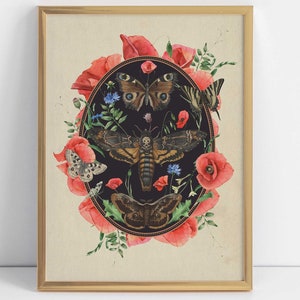 Cottagecore Moth & Butterfly Botanical Art Print Poppy Flower Decor Autumn Wall Art Dark Moth Poster Insect Boho Aesthetic Digital Download