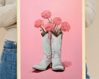 Pink Cowgirl Boots Floral Print, Western Girl Room Decor (Digital Download)