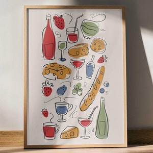 Retro Dinner Table Print Food and Drinks Illustrations Poster Maximalist Kitchen Gallery Wall Art Red Green Apartment Decor Bar Cart Art