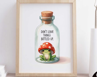 Peut inclure: Téléchargement numérique d'une impression d'art imprimable représentant une grenouille verte assise sur un champignon rouge à l'intérieur d'une bouteille en verre avec un bouchon en liège. Le texte "Ne laissez pas les choses en bouteille." est imprimé sur la bouteille.