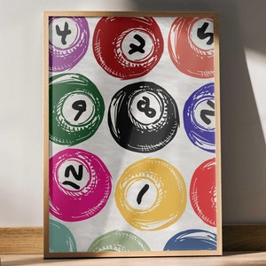 Póster de bolas de billar, póster de billar, impresión artística de bola 8 Feeling Lucky, impresión Lucky You, arte de pared de los años 70, arte retro de carrito de bar, arte imprimible de moda