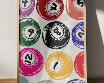 Plakat Pool Balls, Plakat Bilardowy, Feeling Lucky 8 Ball Art Print, Lucky You Print, Sztuka Ścienna Lat 70., Sztuka Retro Bar Cart, Modna Sztuka Do Wydrukowania