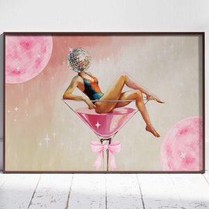 Póster con cabeza de bola de discoteca, martini rosa, estampado funky de los años 70, arte de pared retro, martini, bola de espejo de lujo, largo, horizontal, para dormitorio femenino, decoración de moda