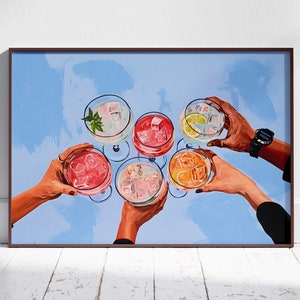 Blue Cheers Art Retro Bar Cart Decor Cocktail Print Girly Esthetic Wall Art Groot horizontaal Y2K-bord Trendy Drink Lovers Coastal Poster