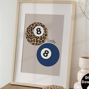 8 Ball Leopard Print Retro Lucky Girl Poster Funky Y2K Ästhetische Wohnung Dekor Marineblau Vintage Pool Ball Aquarell Schlafzimmer Wandkunst