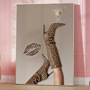 Bottoms Up Art Print Trendy Leopard Boot Martini Wall Art Bar Cart Art Femme Fatale Fashion Cherry Girl Aesthetic Retro Martini Art Poster