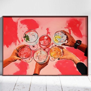 Red Cheers Art Retro Bar Cart Decor Cocktail Print Girly Estetyczna sztuka ścienna Duży poziomy znak Y2K Modny plakat dla miłośników drinków