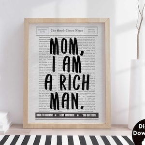 Mamo, jestem bogatym człowiekiem, plakat z nagłówkiem gazety, wystrój mieszkania w college'u, funkcjonalna sztuka ścienna, wystrój pokoju Y2K Preppy, plakat Groovy Bar Cart Wall Art