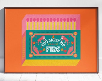 You Light My Fire Pink Orange Matchbox Poster Retro Print Dopamine Poster Vintage Trendy Art Contemporary Art Digital Download Wall Decor