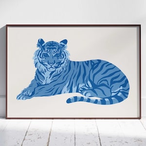 Preppy Blue Tiger Animal Print Trendy Room Decor Light Blue Wall Print Funky Apartment Aesthetic Horizontal Printable Wall Art Collage Gift