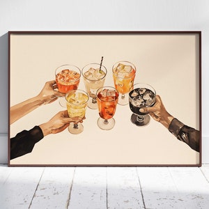 Proost-print: barwagendecor. Trendy cocktaildrankjes art. Preppy en girly maximalistische afdrukbare muurkunst. Decoraccessoires en retroposter.