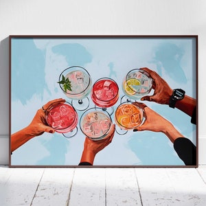 Jasnoniebieski Cheers Art Retro Bar Cart Decor Koktajl Drukuj Dziewczęca Estetyczna Sztuka Ścienna Duży Poziomy Znak Y2K Modny Miłośnicy Napojów Plakat
