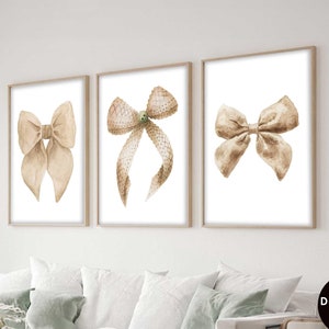 Beige Bow Print Set Of 3 Preppy Wall Art, Teen Room Decor White Bow Print College Apartment Decor, Nursery Girly Wall Art Pastel Poster