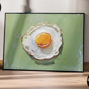 目玉焼きのインパスト絵画油絵プリント、ヴィンテージキッチン装飾バーカート壁装飾、食品印刷可能壁アートセージグリーンイエローポスター